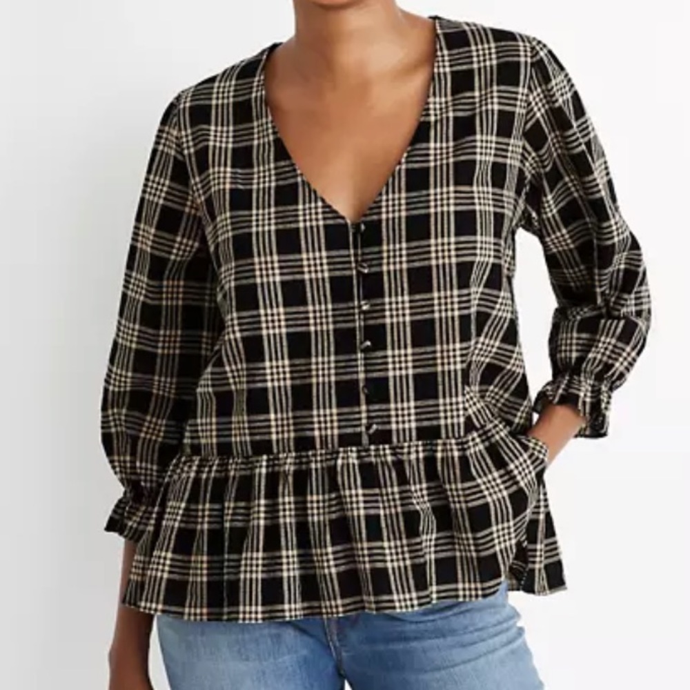NEW! Madewell Courtyard Ruffle Hen Top Metallic Plaid Size Medium